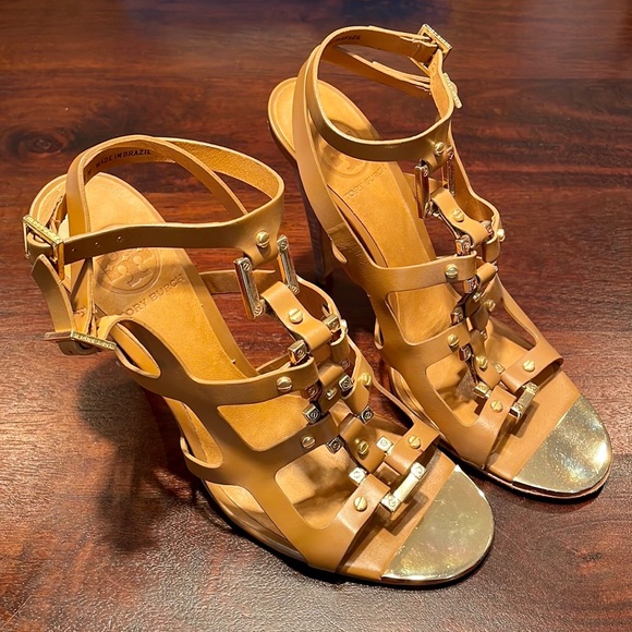 ⛔️ TORY BURCH camel cage pumps with gold accents - Picture 2 of 9